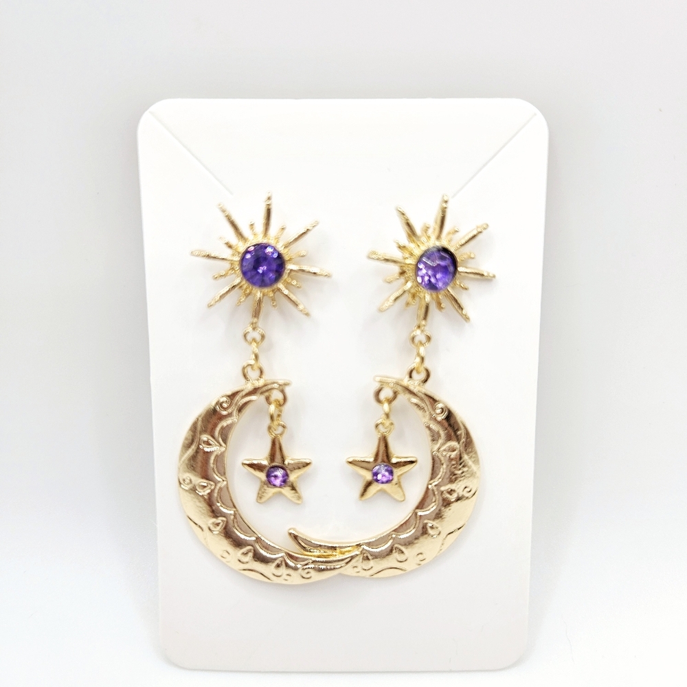 Purple Crystal Crescent Moon Star Mystical Pierced Earrings New